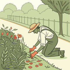 Gardener planting flowers in green garden with trees and pathway  