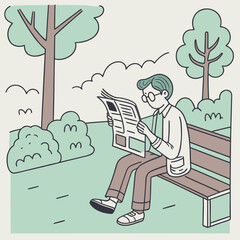 Young man reading newspaper while sitting on bench in park  