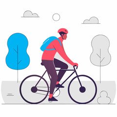 Man riding bicycle through park with trees and clouds in background  