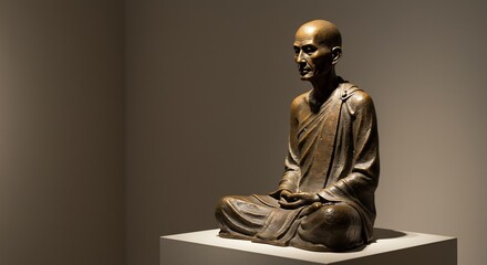 Bronze statue of a seated monk in meditative pose atop a square platform against a plain backdrop