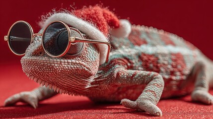 Merry Christmas illustration of a cool chameleon reptile rocking glittering sunglasses and a tilted fluffy Santa hat, its color-shifting skin morphing into festive red-and-green gradients