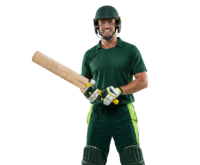 Smiling Male Cricket Player in Green Uniform Holding Bat, Isolated on White