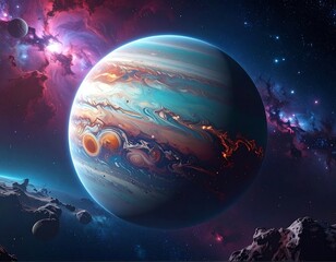 Obraz premium A vibrant gas giant surrounded by a nebula and celestial bodies