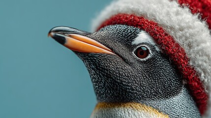 Merry Christmas illustration of a cool, majestic king penguin dressed as Santa Claus: glossy black-white-orange plumage, bright red plush hat with white faux-fur trim, confident flipper-on-hip pose