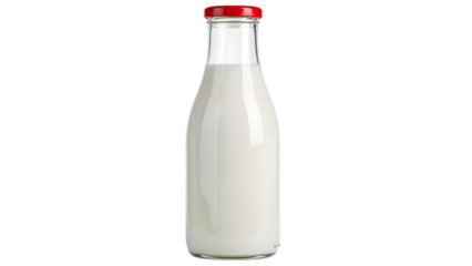 Glass bottle of milk with red cap isolated on a transparent background beverage dairy