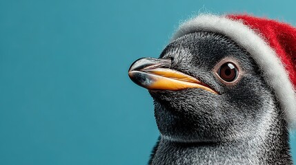 Merry Christmas illustration of a cool, majestic king penguin dressed as Santa Claus: glossy black-white-orange plumage, bright red plush hat with white faux-fur trim, confident flipper-on-hip pose