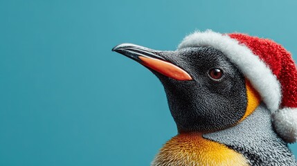 Merry Christmas illustration of a cool, majestic king penguin dressed as Santa Claus: glossy black-white-orange plumage, bright red plush hat with white faux-fur trim, confident flipper-on-hip pose