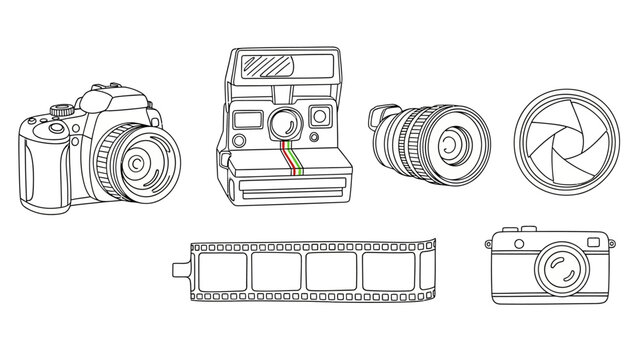 Black and white line drawings of cameras lenses film strip and vintage photography gear