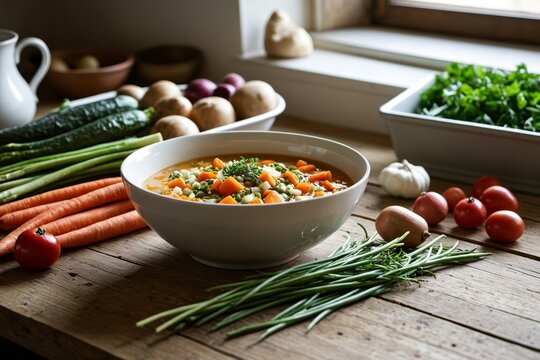 Bunter Gem&uuml;seeintopf mit frischen Zutaten und Brot auf Holztisch neben Karotten und frischen Kr&auml;utern