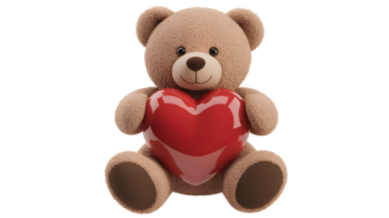 Cute fluffy teddy bear sitting and holding a large shiny red heart with a happy expression isolated on white transparent background