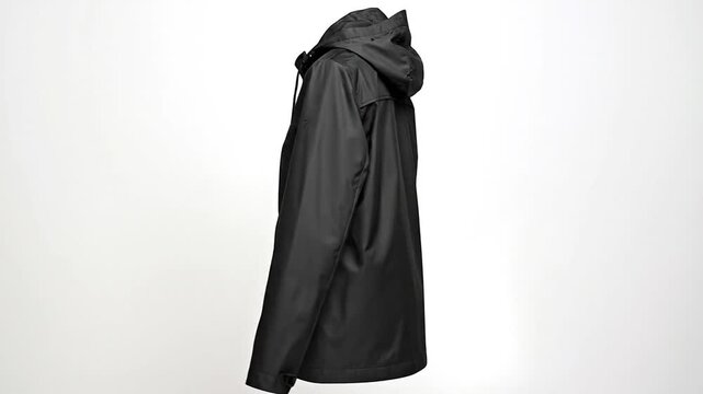 A black raincoat with a hood and pockets, presented on a white background. It's angled to show side profile