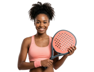 Smiling Black Woman Padel Player Holding Racket Wearing Pink Sports Bra