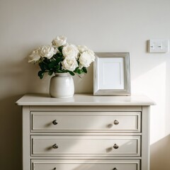 A chest of drawers with roses in a vase and a blank frame, bathed in sunlight