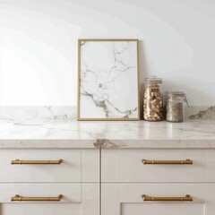 Minimalist kitchen scene; marble countertop, frame, jars, and white cabinets