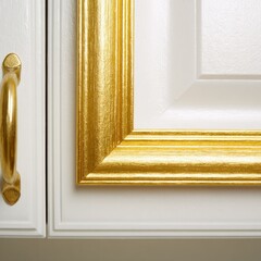 Close-up of white cabinet door with gold frame and pull, showing a portion of the furniture