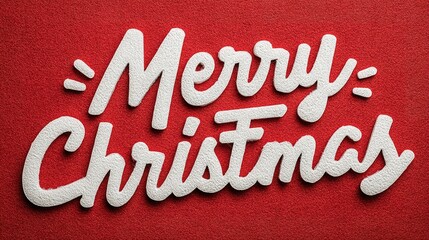 Merry Christmas greeting card illustration featuring elegant white hand-lettering calligraphy text "Merry Christmas" isolated on vibrant red background