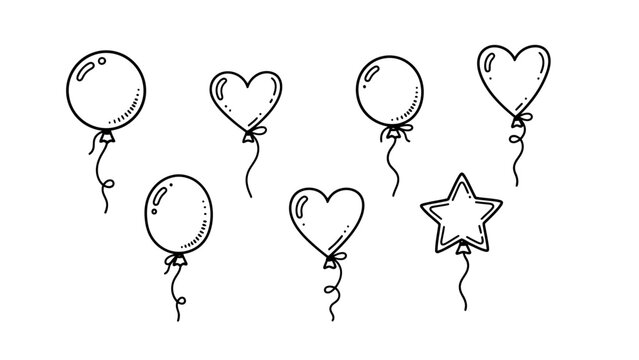 Hand drawn party balloon icons in outline style for celebrations and cards