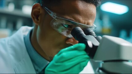 Focused African American male scientist looking through microscope in modern laboratory close up