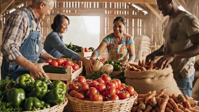 Diverse farmers smiling and working together in a rustic barn with fresh produce