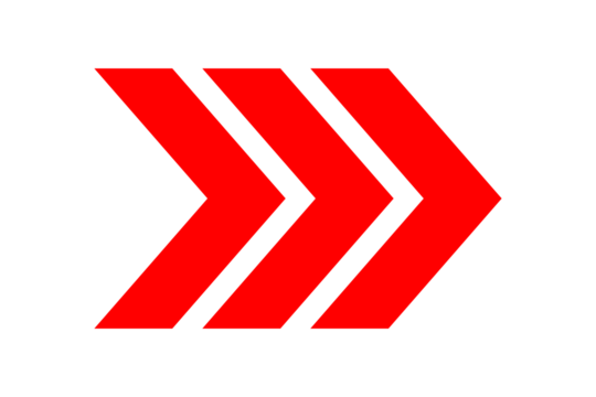 Three parallel red chevron arrows pointing right, isolated on transparent background - Powered by Adobe