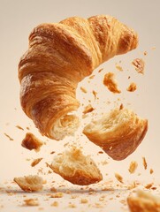 A golden-brown croissant breaks apart mid-air, crumbs scattering