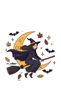 Pixel Art Witch Flying Broomstick Crescent Moon Autumn Leaves Bats Night Sky