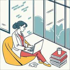 Young woman working on laptop while sitting in bean bag chair indoors  