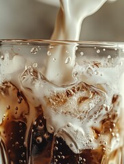 Milk cascading into a glass of cold beverage with ice
