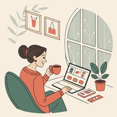 Woman sitting at a table with laptop and coffee in cozy interior  