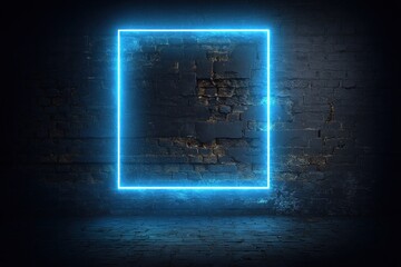 Blue neon square glows on weathered brick wall, dark backdrop