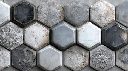 Aged gray-white worn vintage shabby damask patchwork of hexagonal cement tiles forming a timeworn stone mosaic wall,