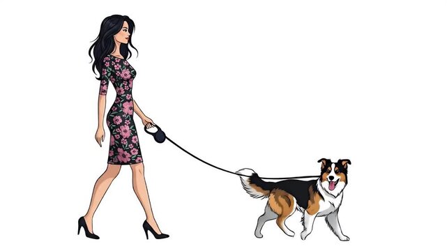 Pixel Art Woman in Pink Floral Dress Walks Dog on Leash White Background