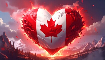 A stylized Canadian flag shaped like a heart in a fiery cloud