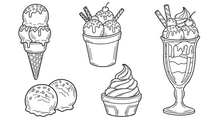 Hand drawn black and white ice cream illustrations showing cones cups sundaes and soft serve treats