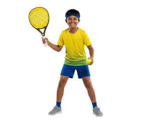 Happy young boy in sports uniform holding yellow tennis racket and ball