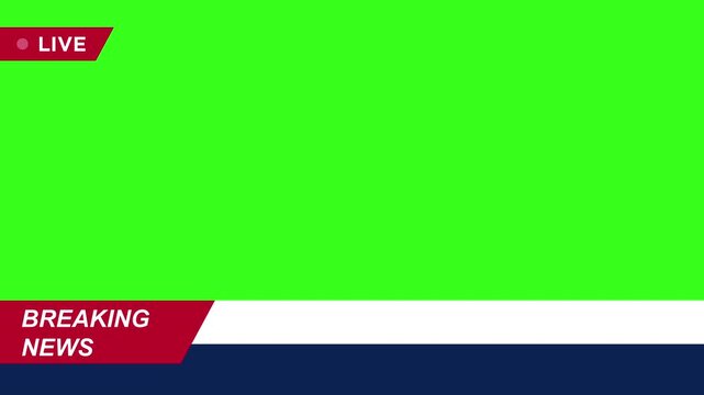 4K animated breaking news lower third with green screen background for chroma key use, ideal for broadcast overlays, live news, TV programs, and professional video editing.
