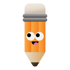 Cute cartoon pencil character with smiling face isolated on transparent background.