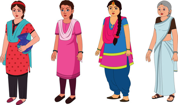 collection of indian woman with saree and kurta animation ready vector illustration	