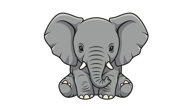 Adorable cartoon baby elephant sitting front facing with large ears and trunk