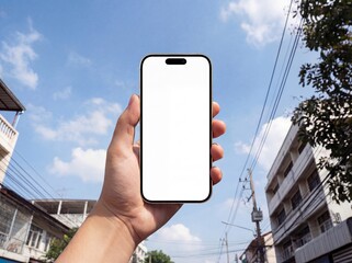 Smartphone Mockup Hold in Hand Against Blue Sky Outdoors