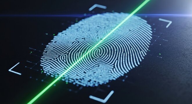 A fingerprint being scanned by a green laser. - Powered by Adobe