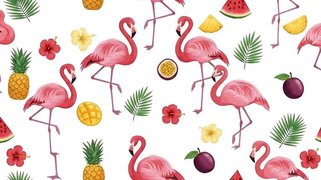Seamless Tropical Flamingo Fruit Pattern with Pineapple Watermelon Mango Passionfruit
