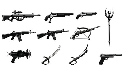Assorted Weapon Silhouettes Modern Fantasy Sci Fi Arms Vector Collection .
