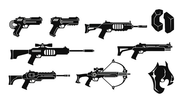 Futuristic Weapons and Sci Fi Gaming Icons Vector Silhouette Collection.