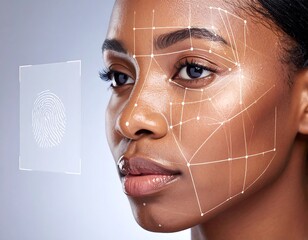 A woman's face with facial recognition overlay and fingerprint ID
