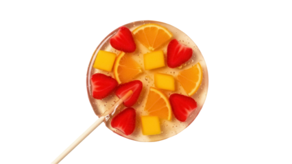 Fruit lollipop PNG isolated on transparent background, colorful hard candy with orange, mango, and strawberry slices, sweet treat for kids
