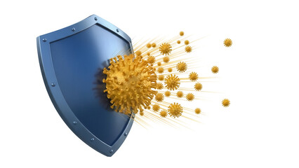 Blue shield protecting against yellow virus PNG isolated on transparent background, concept for health care and protection from disease