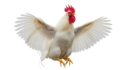 Majestic white rooster with wings spread isolated PNG, proud farm animal on transparent background for design and commercial use © Cian