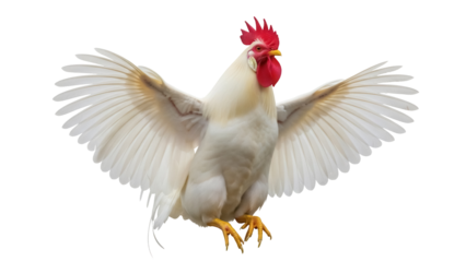 Majestic white rooster with wings spread isolated PNG, proud farm animal on transparent background for design and commercial use