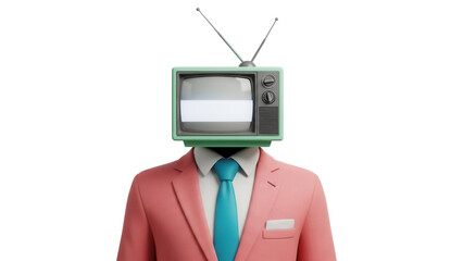 Mannequin with retro TV head isolated PNG, surreal concept with vintage television and pink suit on...